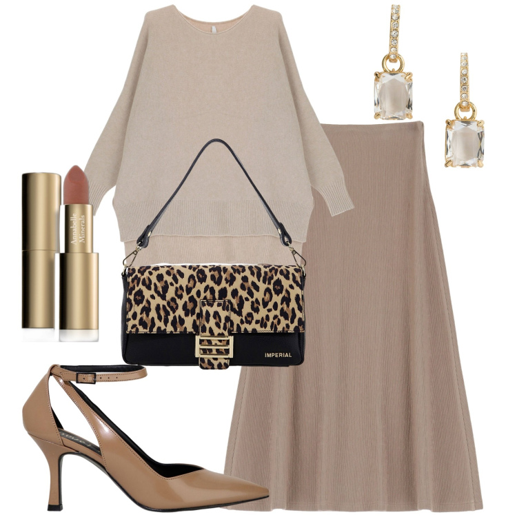Outfit donna - Serata. Stile Trendy per Serata fuori. Abbinamento con rossetti, gonne lunghe, maglieria, borse a spalla, décolleté, orecchini.
