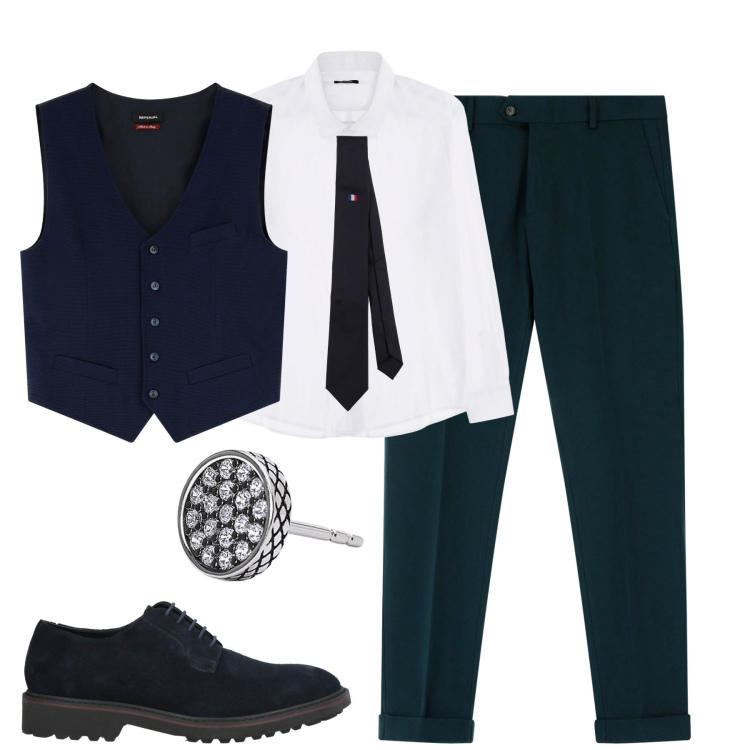 Outfit uomo - Cerimonia. Stile Business/Elegante per Cerimonia. Abbinamento con scarpe stringate, cravatte, orecchini, camicie, gilet, pantaloni.