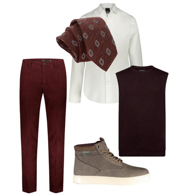 Outfit uomo - Toni caldi. Stile Business/Elegante per Ufficio. Abbinamento con cravatte, pantaloni, camicie, stivali, gilet.