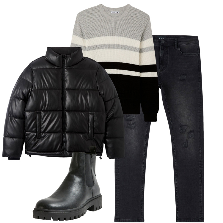 Outfit uomo - Total look #1988813. Stile Urban per Tutti i giorni. Abbinamento con jeans strappati, piumini, maglieria, stivali e stivaletti.
