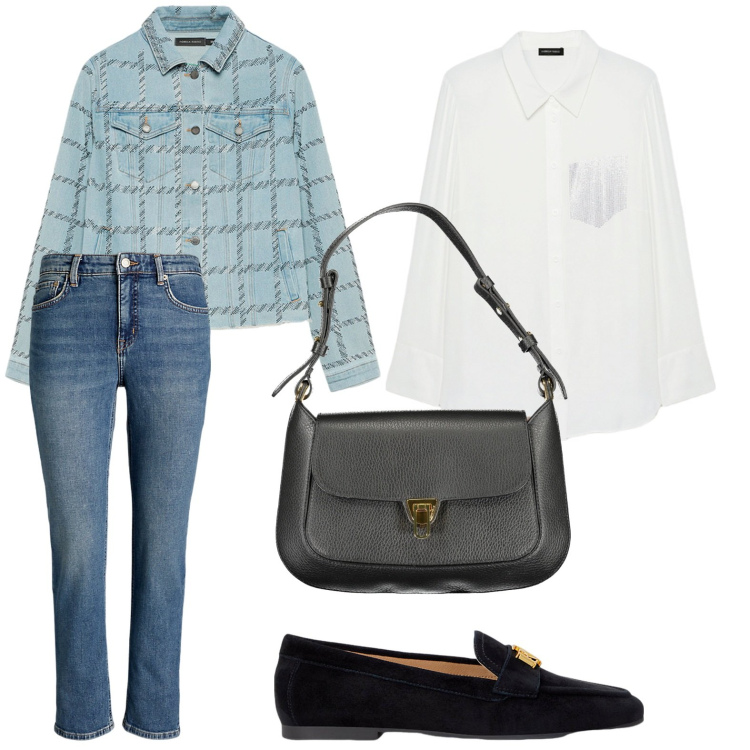 Outfit donna - Mocassini comodi per il giorno. Stile Casual chic per Ufficio. Abbinamento con mocassini, jeans dritti, camicie, blazer, borse a spalla.
