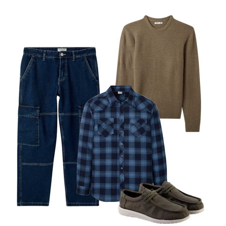 Outfit uomo - Blu e muschio. Stile Casual per Tutti i giorni. Abbinamento con camicie, maglieria, jeans, scarpe stringate.