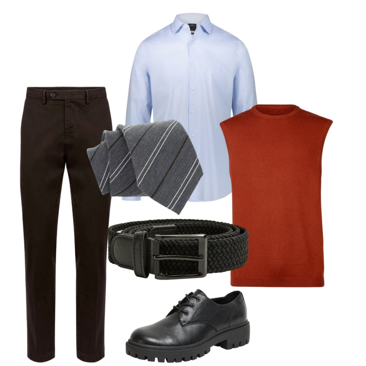 Outfit uomo - Elegante dentro. Stile Business/Elegante per Ufficio. Abbinamento con scarpe stringate, cinture, cravatte, camicie, pantaloni chino, gilet.