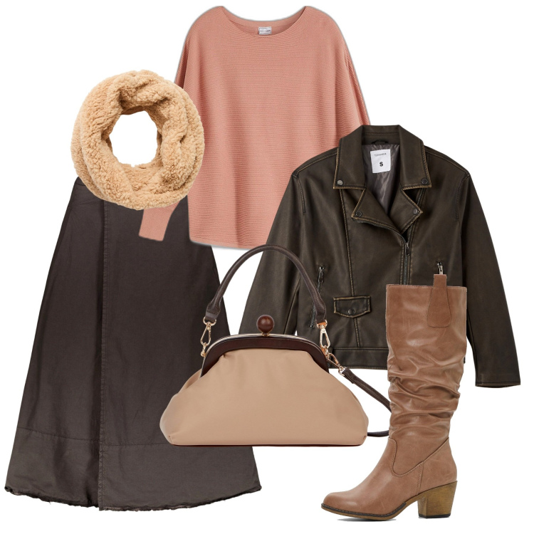 Outfit donna - Accenti pesca. Stile Chic per Tutti i giorni. Abbinamento con maglieria, stivali, giacche, sciarpe, gonne lunghe, clutch.