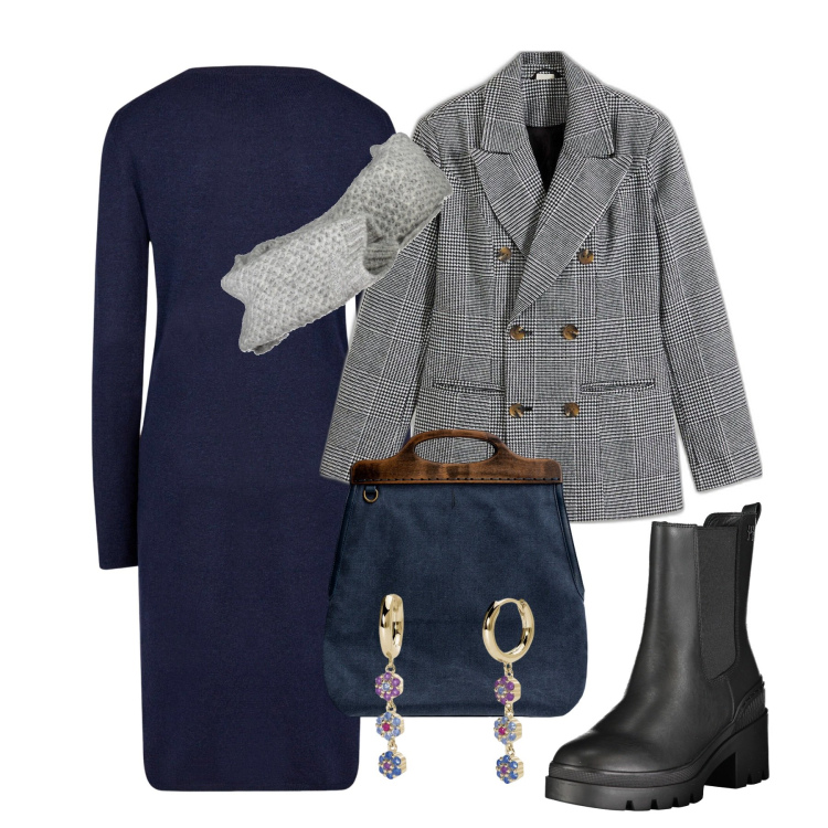 Outfit donna - Ufficio e poi aperitivo. Stile Chic per Tutti i giorni. Abbinamento con blazer, orecchini, vestiti midi/longuette, borse a tracolla, stivali, sciarpe.