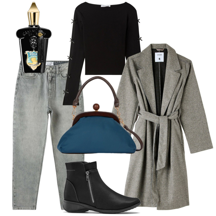 Outfit donna - Serata in grigio. Stile Casual chic per Serata fuori. Abbinamento con stivaletti, profumi, t-shirt, cappotti, jeans mom, clutch.