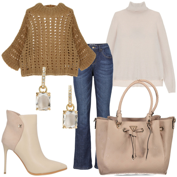 Outfit donna - Pronta per la giornata. Stile Glamour per Tutti i giorni. Abbinamento con jeans bootcut, stivaletti, pullovers, maglieria, orecchini, borse a spalla.