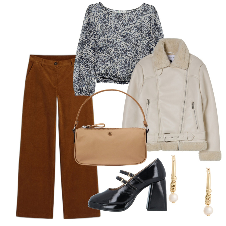 Outfit donna - Una blusa sui pantapalazzo. Stile Bon Ton per Tutti i giorni. Abbinamento con pantaloni, décolleté, blazer, top, orecchini, pochette.
