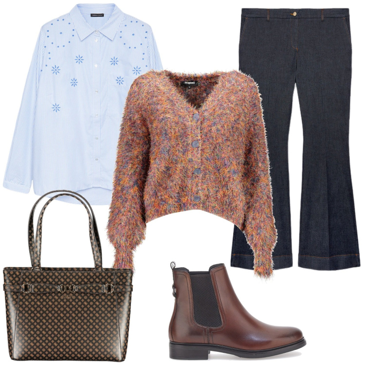 Outfit donna - Camicia romantica. Stile Romantica per Tutti i giorni. Abbinamento con stivaletti, cardigans, camicie, jeans a zampa, borse a spalla.