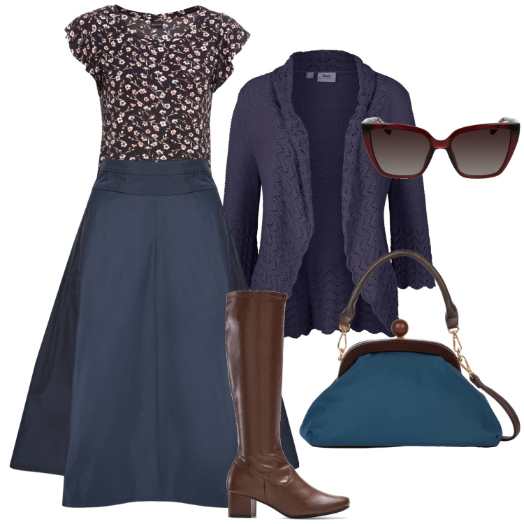Outfit donna - Aperitivo vintage style. Stile Vintage retrò per Tutti i giorni. Abbinamento con stivali, maglieria, blazer, gonne, occhiali da sole, clutch.