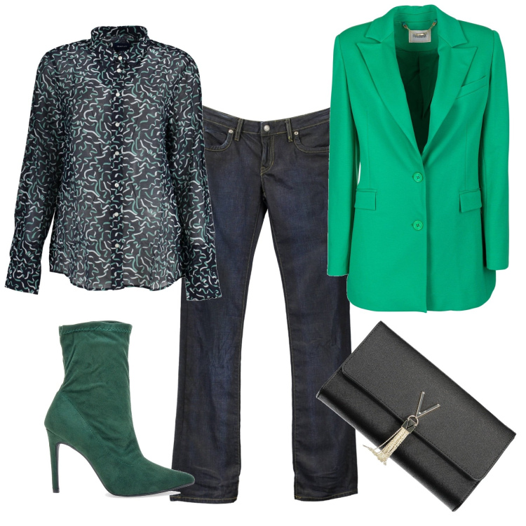 Outfit donna - Foglie che furono verdi. Stile Casual chic per Serata fuori. Abbinamento con blazer, stivaletti, camicie, jeans, borse a mano.