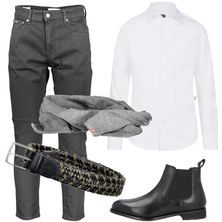 Outfit uomo - Riunione in jeans. Stile Casual per Ufficio. Abbinamento con stivali e stivaletti, camicie, cinture, sciarpe, jeans.