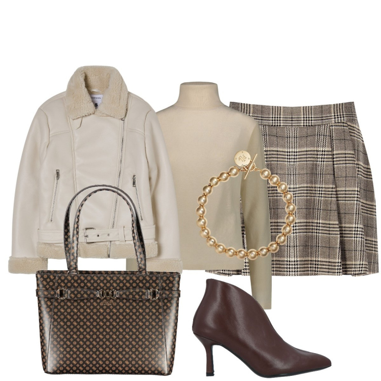 Outfit donna - Minigonna in ufficio. Stile Minimal per Ufficio. Abbinamento con stivaletti, blazer, minigonne, braccialetti, pullovers, borse a spalla.