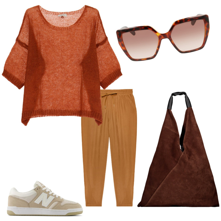 Outfit donna - Autunno. Stile Casual per Tutti i giorni. Abbinamento con sneakers, pullovers, borse a spalla, pantaloni, occhiali da sole.