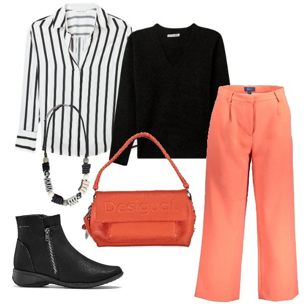 Outfit donna - Look ufficio. Stile Basic per Tutti i giorni. Abbinamento con stivaletti, camicie, maglieria, pantaloni, collane, borse a spalla.