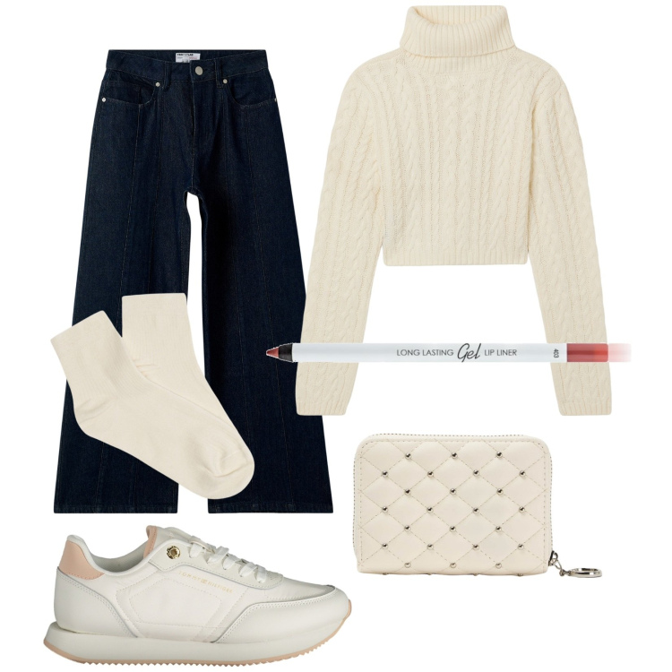 Outfit donna - Total look #1988930. Stile Casual per Tutti i giorni. Abbinamento con matite labbra, jeans, maglieria, portafogli, sneakers, collant.