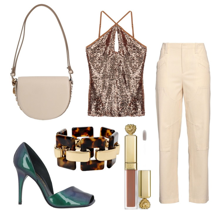 Outfit donna - Il colore che non ti aspetti. Stile Casual chic per Serata fuori. Abbinamento con pantaloni, décolleté, borse a mano, rossetti, top, braccialetti.