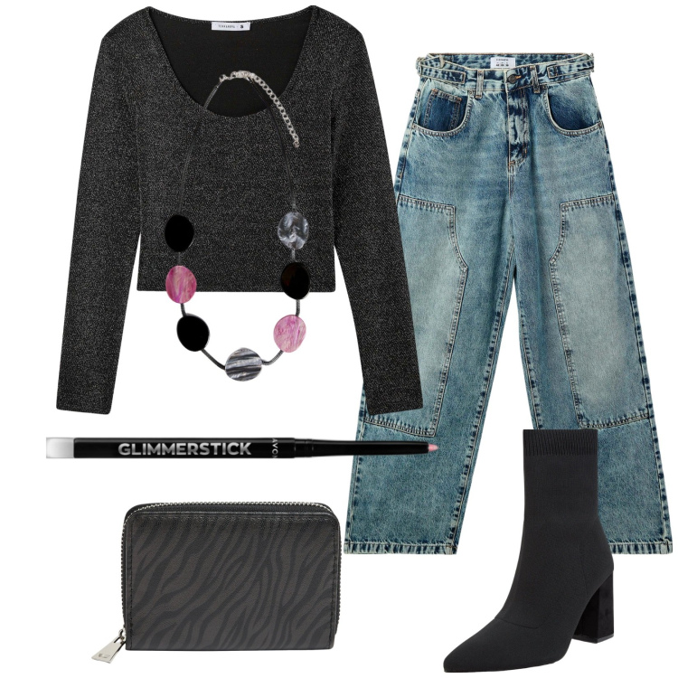Outfit donna - Pomeriggio in centro. Stile Trendy per Tutti i giorni. Abbinamento con matite labbra, t-shirt, jeans, stivaletti, portafogli, collane.