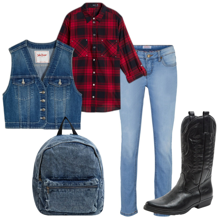 Outfit donna - Cowgirl. Stile Basic per Scuola/Università. Abbinamento con camicie, gilet, jeans skinny, stivali, zaini.