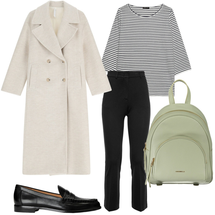 Outfit donna - Lo zaino pratico. Stile Minimal per Ufficio. Abbinamento con cappotti, mocassini, pantaloni, t-shirt, zaini.
