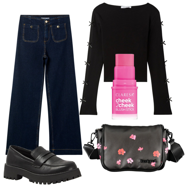 Outfit donna - Total look #1988951. Stile Trendy per Tutti i giorni. Abbinamento con blush, t-shirt, jeans, mocassini, borse a spalla.