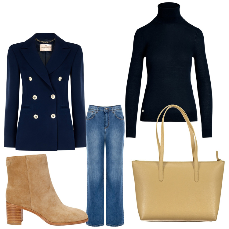 Outfit donna - Bella in jeans. Stile Casual chic per Ufficio. Abbinamento con blazer, jeans, maglieria, stivaletti, borse a spalla.