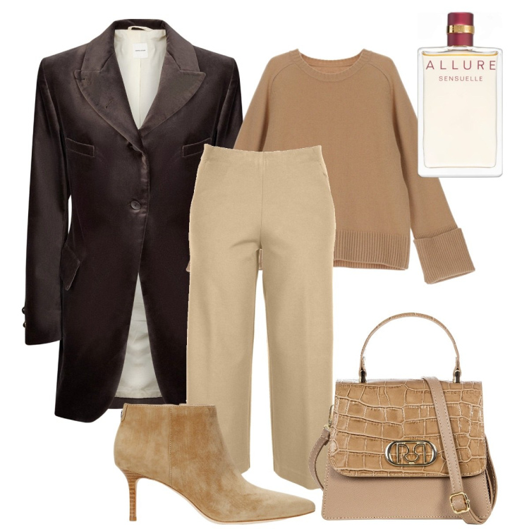 Outfit donna - Con i colori dell\' autunno. Stile Romantica per Serata fuori. Abbinamento con profumi, borse a mano, pullovers, stivaletti, blazer, pantaloni.