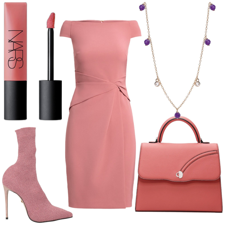Outfit donna - Bella in rosa. Stile Chic per Serata fuori. Abbinamento con stivaletti, rossetti, collane, vestiti, borse a mano.