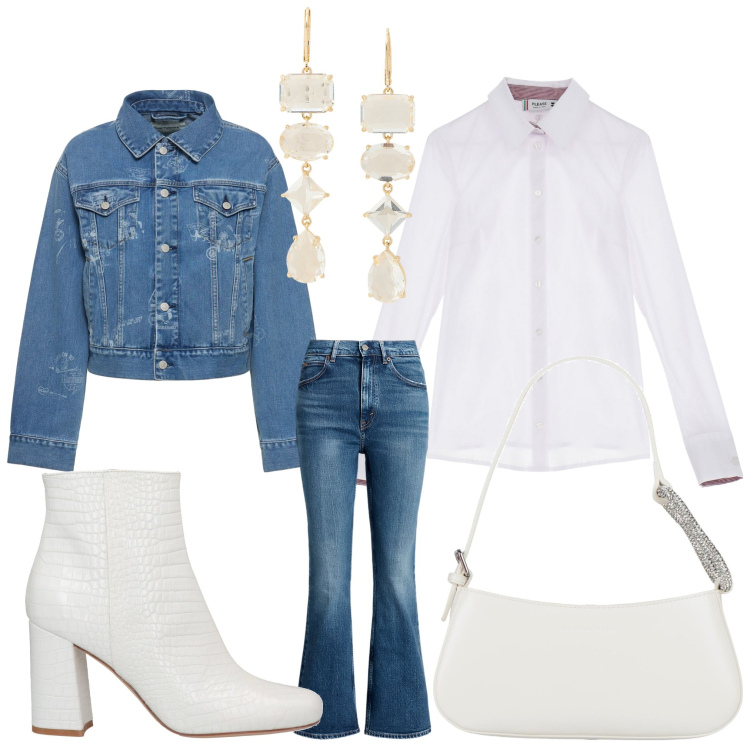 Outfit donna - In jeans. Stile Casual chic per Ufficio. Abbinamento con stivaletti, borse a mano, camicie, jeans, orecchini, blazer.