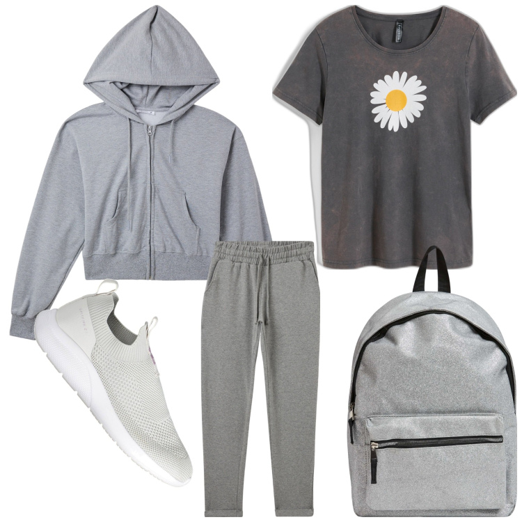 Outfit donna - Calma remix. Stile Casual per Sport. Abbinamento con t-shirt, zaini, pantaloni, felpe con cappuccio, sneakers.