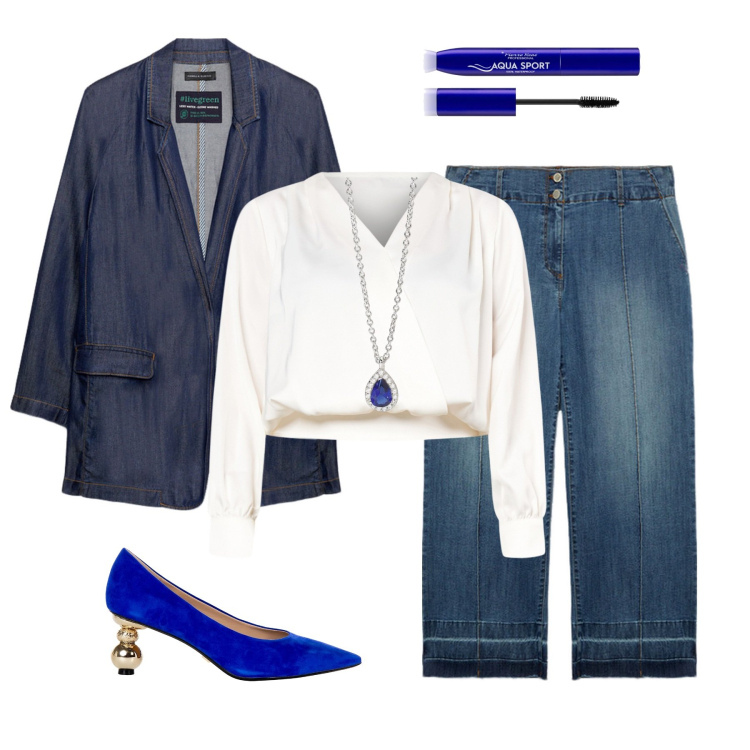 Outfit donna - Total look #1988978. Stile Casual chic per Tutti i giorni. Abbinamento con mascara, collane, bluse, décolleté, jeans, blazer.