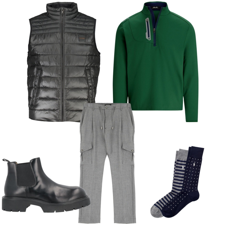 Outfit uomo - Il gilet look risolving. Stile Urban per Ufficio. Abbinamento con stivali e stivaletti, pantaloni cargo, calzini, pullovers, giacche.