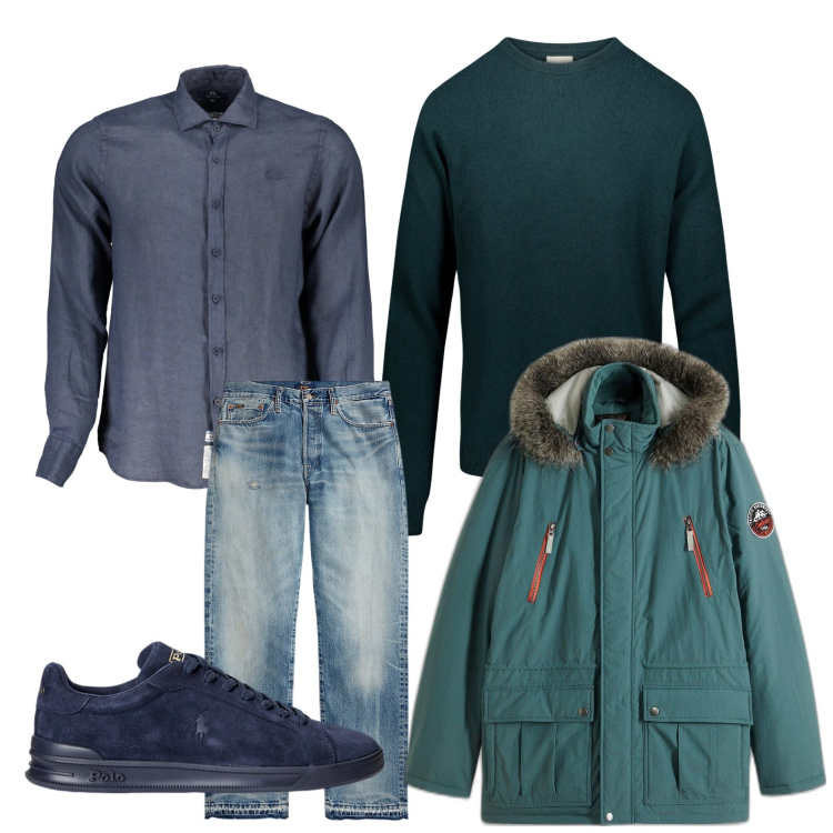 Outfit uomo - Il caldo giaccone. Stile Urban per Tutti i giorni. Abbinamento con parka, sneakers, jeans dritti, maglieria, camicie.