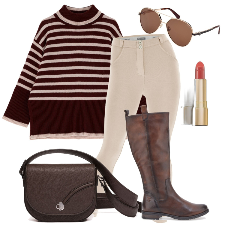 Outfit donna - Dimmi se ti piaci. Stile Casual per Tutti i giorni. Abbinamento con rossetti, maglieria, pantaloni skinny, stivali, borse a tracolla, occhiali da sole.