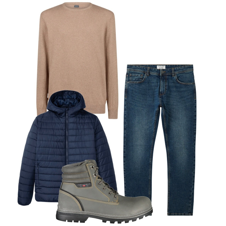 Outfit uomo - In giro. Stile Casual per Tutti i giorni. Abbinamento con giacche, jeans, maglieria, stivali.