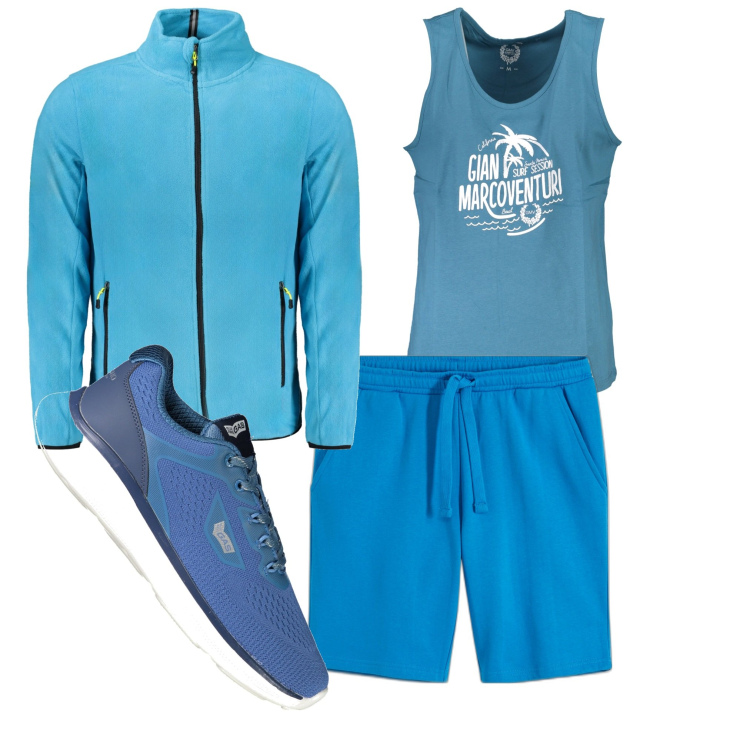 Outfit uomo - Blu sport. Stile Casual per Sport. Abbinamento con bermuda, sneakers, felpe, canottiere.