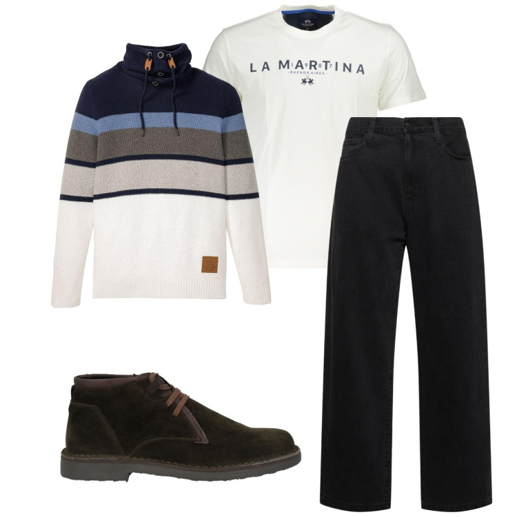 Outfit uomo - Inverno. Stile Casual per Tutti i giorni. Abbinamento con maglieria, stivali e stivaletti, jeans, t-shirt.