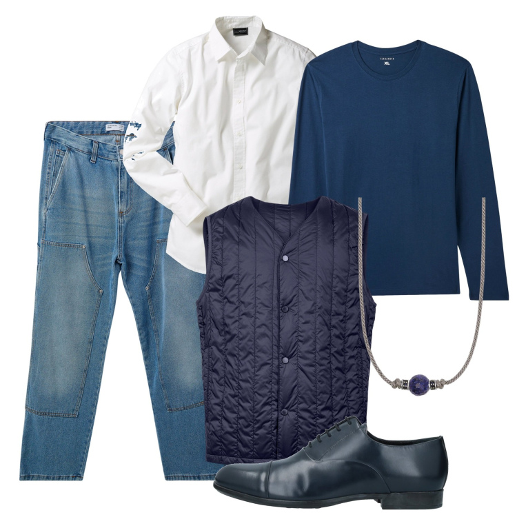 Outfit uomo - Autunno blu. Stile Casual per Tutti i giorni. Abbinamento con camicie, scarpe stringate, jeans, maglieria, collane, piumini.