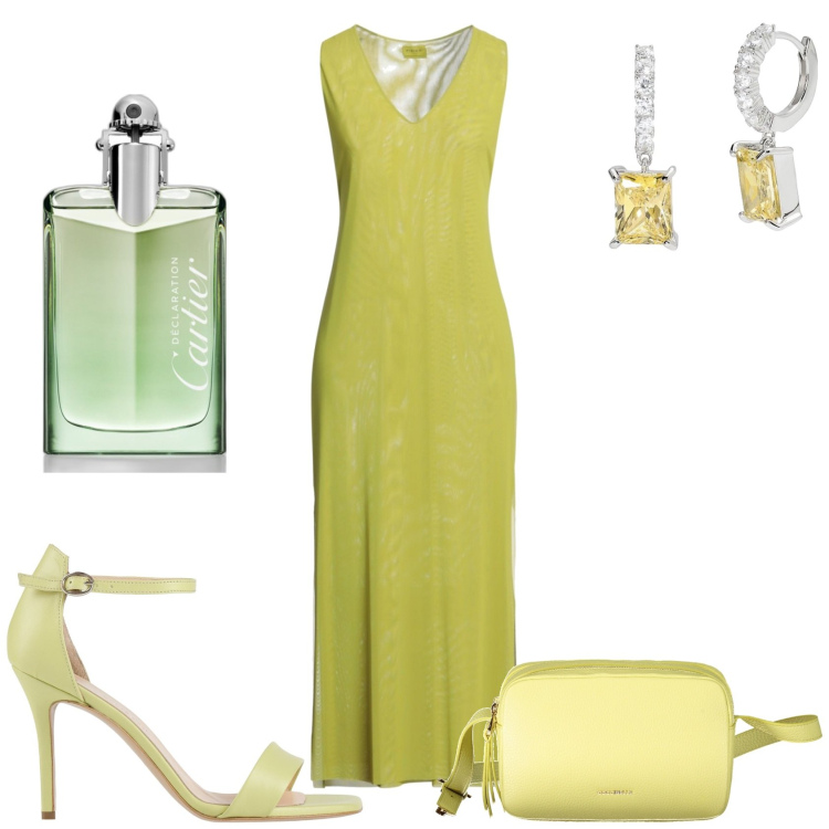 Outfit donna - Cerimonia di mattina. Stile Chic per Cerimonia. Abbinamento con vestiti lunghi, sandali in pelle, profumi, orecchini, borse a tracolla.