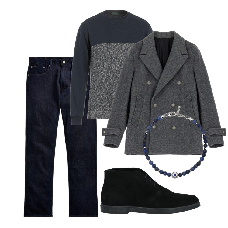 Outfit uomo - Casual dark. Stile Casual per Tutti i giorni. Abbinamento con pullovers, stivali e stivaletti, braccialetti, giacche, jeans dritti.