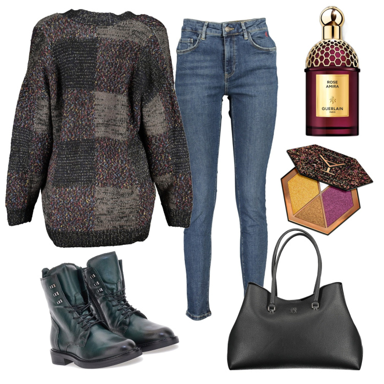 Outfit donna - Protagonista: maglione. Stile Minimal per Tutti i giorni. Abbinamento con profumi, ombretti, anfibi, cardigans, borse a spalla, jeans slim fit.