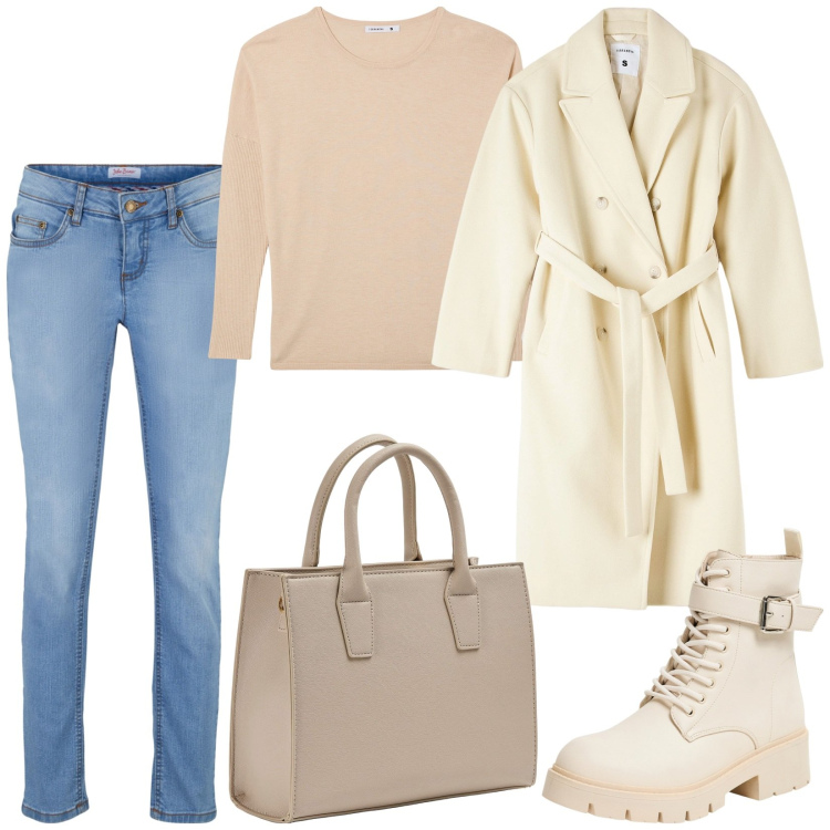 Outfit donna - Total look #1989039. Stile Casual chic per Tutti i giorni. Abbinamento con jeans skinny, cappotti, anfibi, maglieria, shopping bag.