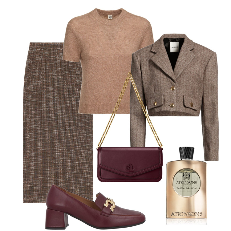 Outfit donna - La gonna lunga in maglia mélange. Stile Glamour per Ufficio. Abbinamento con mocassini, blazer, profumi, gonne lunghe, borse a spalla, top.