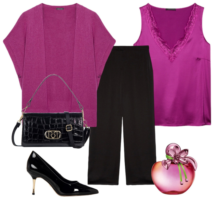 Outfit donna - Total look #1989053. Stile Casual chic per Tutti i giorni. Abbinamento con profumi, décolleté, borse a tracolla, cappe, top, pantaloni a palazzo.