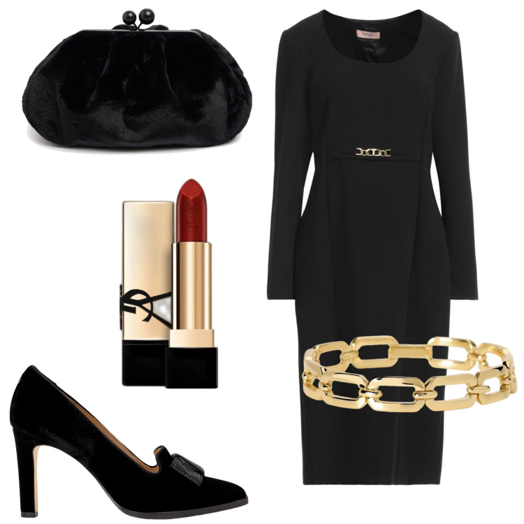 Outfit donna - Serata evento. Stile Chic per Serata fuori. Abbinamento con rossetti, vestiti midi/longuette, braccialetti, décolleté, pochette.