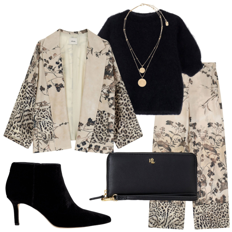 Outfit donna - Serata fuori. Stile Casual chic per Tutti i giorni. Abbinamento con pantaloni, blazer, maglieria, ciondoli, stivaletti, pochette.