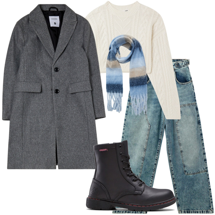Outfit donna - A lezione. Stile Casual per Scuola/Università. Abbinamento con stivaletti, sciarpe, jeans, maglieria, cappotti.