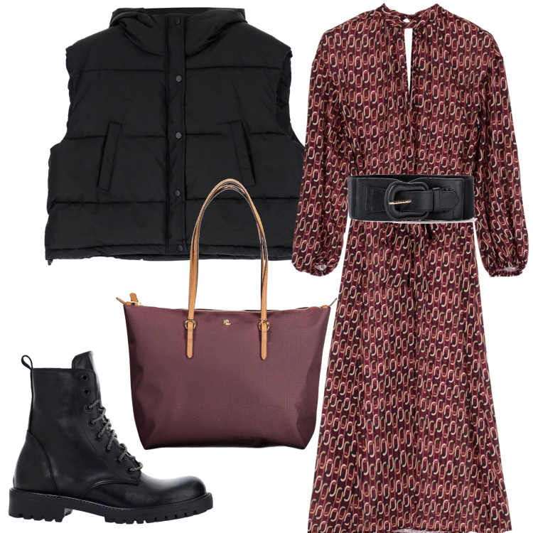 Outfit donna - In città. Stile Sporty chic per Tutti i giorni. Abbinamento con cinture, vestiti midi/longuette, piumini, stivaletti, borse a spalla.
