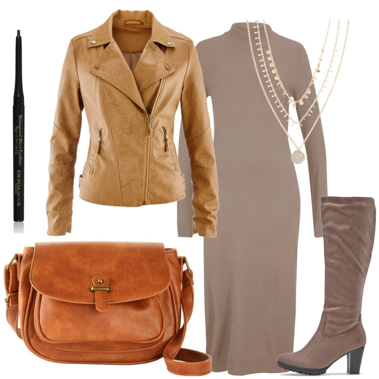 Outfit donna - Total look colori della terra. Stile Etnico per Tutti i giorni. Abbinamento con collane, borse a tracolla, blazer, stivali, vestiti, eyeliner.