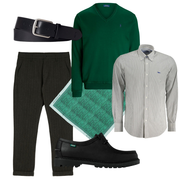 Outfit uomo - Ottobre smeraldo. Stile Trendy per Serata speciale. Abbinamento con sciarpe, pantaloni, cinture, scarpe stringate, maglieria, camicie.